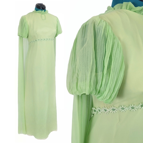 1960s Fairy Cape Dress Flower Power Vintage Prom Formal Romantic ILGWU Green vtg - Picture 9 of 9
